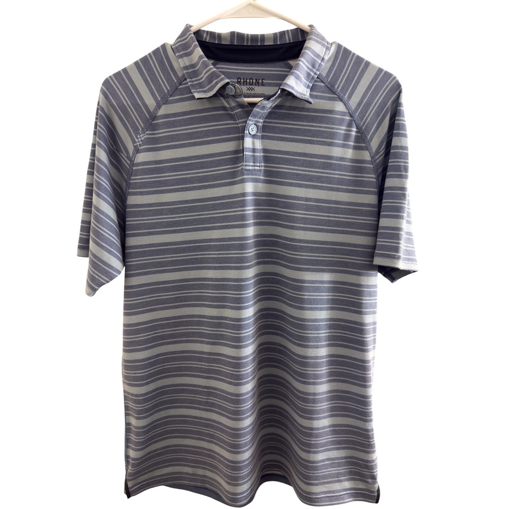 Rhone Mens Blue Grey Striped Short Sleeve Raglan Golf Polo Shirt RN 141364 FF26